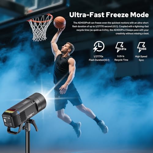 Image of Godox AD400PROII Profession Studio Flash Light with Godox&Bowens Mount GN72 400Ws 2.4G TTL HHS 1 /8000S 5600K±200K 21.6V /2600mAh 0.01-1s Recycle Time 30W Modeling lamp for Portrait /Product Photography