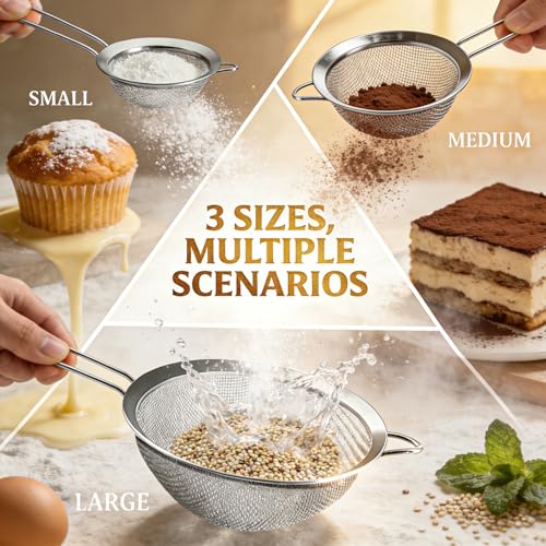Anaeat Fine Mesh Strainers - Stainless Steel Colander Sieve Sifters, with Durable Mesh and Sturdy Handle, Excellent for Sifting Dry Ingredients, Flour, Pastas, Rice, Tea (8cm+14cm+20cm) - Image 4