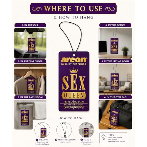 Image of AREON VIP Hanging Car Air Freshener Pack of 3 - Premium Car Perfume with Natural Fragrances, Stylish Hanging Cards Long Lasting Auto Air Freshener for Car, Home, Office & Vehicle Interior - SEX QUEEN