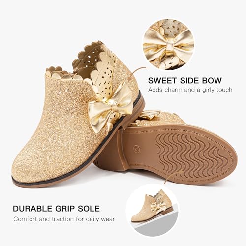 Image of Dufannie Girls Ankle Boots Girls Booties Toddler Little Big Kids Fall Boot | Side Zipper, Slip on, Low Heel, Girls Dress Boots with Bow, Ruffled, Fashion, Warm Shoes, Fall, Winter, Multiple Colors