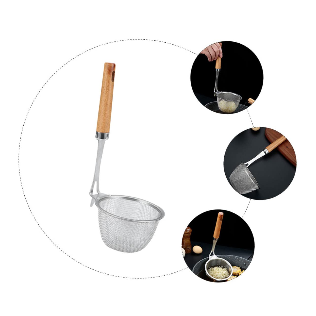 Colador de Fideos con Mango de Madera Colador Multiusos de Acero Inoxidable Resistente y Ligero para Cocina Filtro de Alimentos Seguro y Práctico para Pasta y Verduras