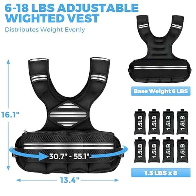 Adjustable Weighted Vest for Women Men, 6-18 LBS Weighted Walking Vest with 8 Ironsand Weights & Reflective Strip, Strength Training Weight Vests for Running GYM Home Workout, Large Zippered Pocket