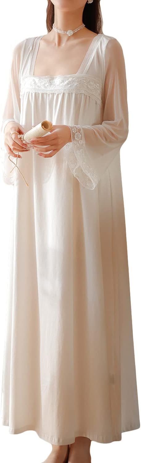 LLECDASEUI Women's Victorian Palace Long Sleeve Maxi Nightdresses Vintage Lace Embroidered Nightgown Sweet Princess Pajamas (S,White)