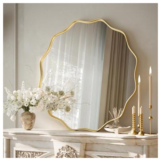 Koonmi großer runder Spiegel mit gewellter Kante, 60 cm Wandspiegel mit Strukturiertem Metallrahmen, zum Aufhängen oder Anstellen an die Wand, für Badezimmer, Eingangsbereich, Wohnzimmer, Gold