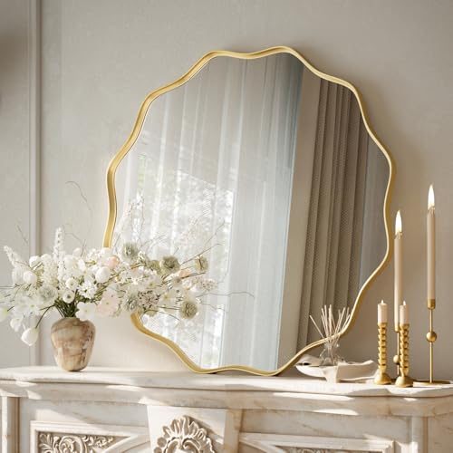Koonmi Grand miroir rond à bord ondulé de 60 cm avec cadre en métal texturé à suspendre ou à poser au mur pour salle de bain, entrée, salon, doré