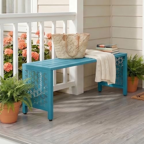 Image of VINGLI 40in Outdoor Metal Bench, All-Weathe Backless Patio Bench with Slatted Seat&Floral Side Panels, Rust-Resistant Garden Bench, Weatherproof Outdoor Seating for Porch Entryway Backyard (Blue)