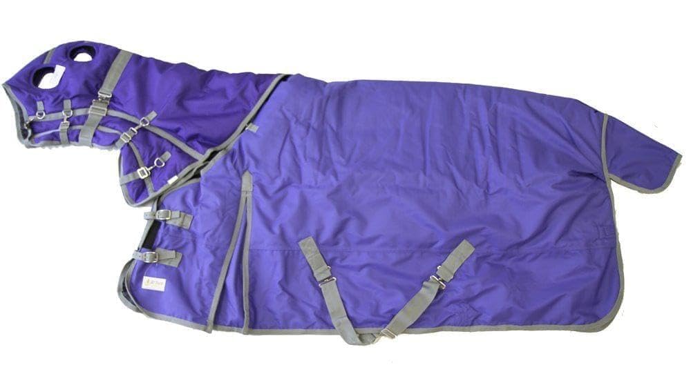 AJ Tack 1200D Waterproof Winter Horse Blanket with Hood - 400g Heavyweight Turnout with Fleece Collar, Shoulder Gussets & Tail Flap - Purple 68