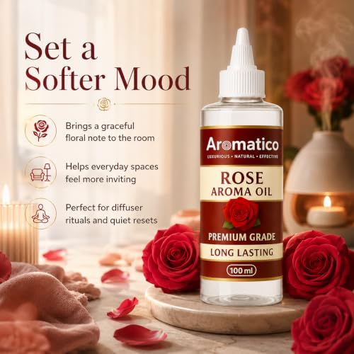 Image of AROMATICO Pure Rose Diffuser Oil with Long-Lasting Fragrance for Homes, Offices & Showrooms. Ideal for Diffusers, Reed Diffusers, Air-Purifiers & Candles 100 ml