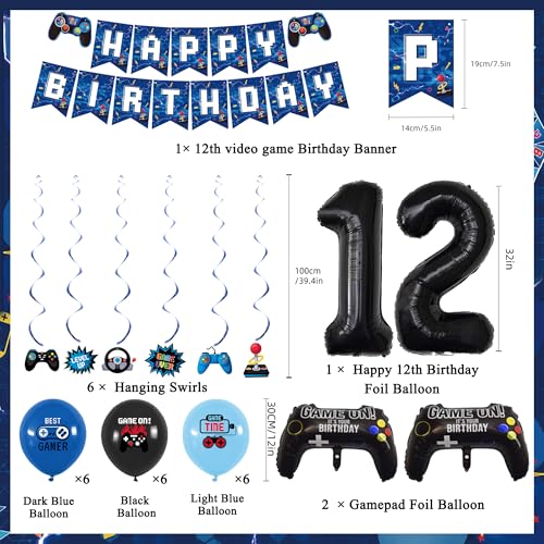 Image of Vlipoeasn Blue 12th Birthday Decorations for Boys, Video Game Level 12 Banner Backdrop Hanging Swirls for 12th Birthday Party, Gamer 12 Years Old Party Supplies