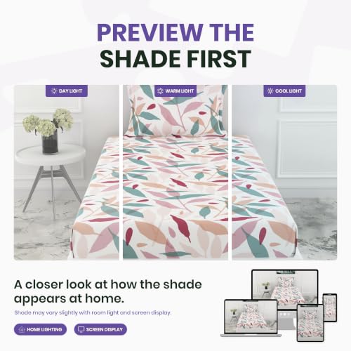 Image of LORETO - A QUALITY LINEN BRAND 210 TC 100% Pure Cotton Single Fitted Bedsheet with 1 Pillow Cover for 78 x 36 Inch Mattress, All-Around Elastic, 8 Inch Deep Pocket, Pink Leaf Whisper