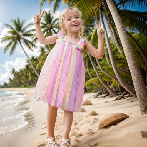Baby Girl Tutu Rainbow Dresses, Toddler Tulle Sleeveless Sequin Stars Dress, Princess Layered Soft Dress Birthday Outfit3