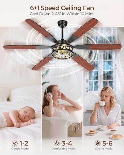 Image of Ceiling Fans with Lights and Remote, 62'' Vintage Caged Ceiling Fan with Light, 6 Blades, 6+1 Speed, Flush Mount Ceiling Fan Whisper-quiet for Farmhouse, Living Room, Kitchen and Porch (62 Inch)