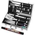 ROMANTICIST 30pcs BBQ Grill Tool Set for Men Dad, Heavy Duty Stainless Steel Grill Utensils Set, Non-Slip Grilling Accessories Kit with Thermometer, Mats in Aluminum Case for Travel, Outdoor Black