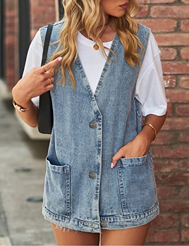Denim Jean Vest for Women Oversized Lightweight Collarless Sleeveless Button Down Denim Waistcoat Jacket4
