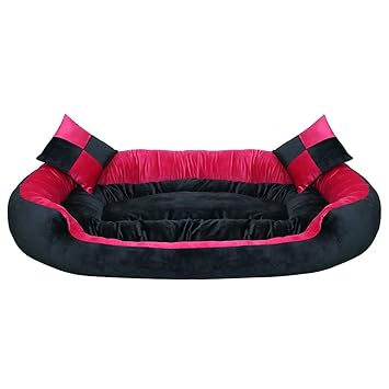Mellifluous Premium Holland Velvet Fabric Oval Shape Reversible with 2 Extra Cushion Pet Bed Dog Cat (Small, Pink-Black)