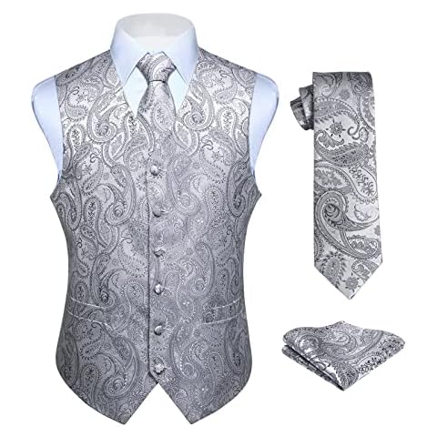 HISDERN Chaleco y Corbata de Jacquard Floral Paisley Clasico para Hombre y Traje de Chaleco Cuadrado de Bolsillo Gris XXL Cover
