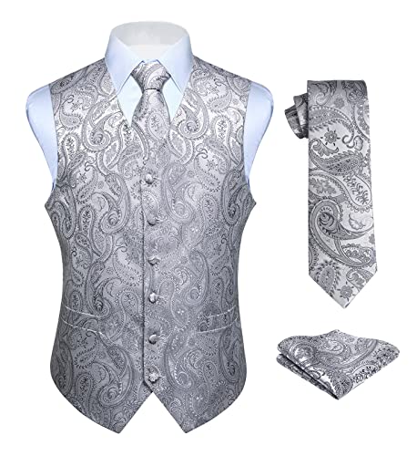 Image of HISDERN Mens Vest Tie Set 3PC Formal Waistcoat Paisley Floral Jacquard Necktie Pocket Square Suit Vests Wedding Party