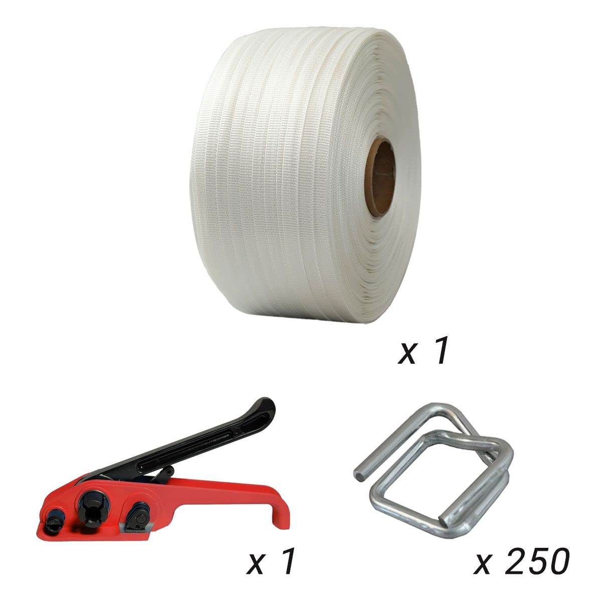 TECPLAST Kit 1 Feuillard de cerclage tressé KFT1 19 mm x 500 m + 250 boucles OFFERTES + 1 tendeur - Résistance 750kg
