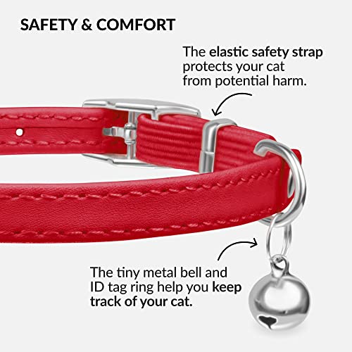 Image of CollarDirect Leather Cat Collar with Bell - Kitten Collar, Small and Big Cat Collar for Boy Cats, Girl Cats with Safety Elastic Strap (Neck Fit 8 inch-11 inch, Red)