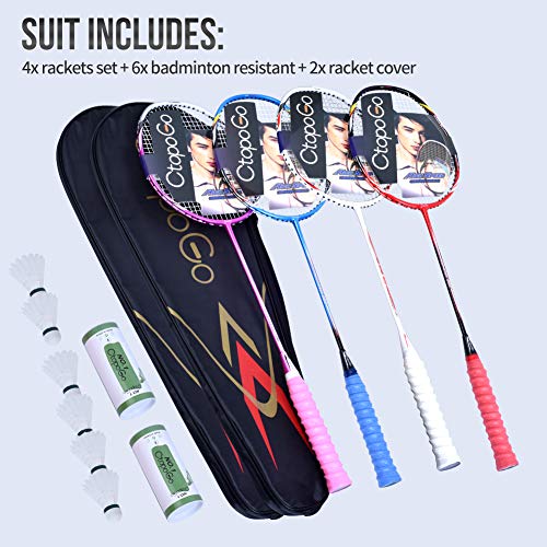 Badminton Rackets Set 4 Pack | Badminton Racket Set Includes 4 Rackets, 6 Nylon Shuttlecocks and 2 Badmintoon Carrying Bags (4 Colors)