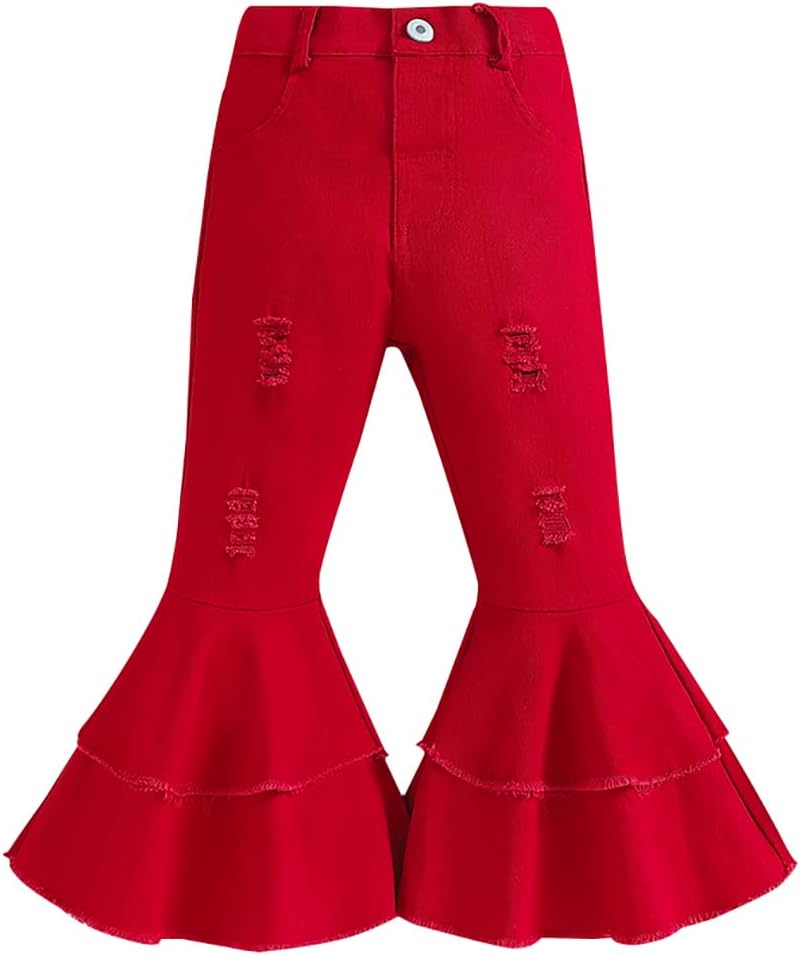 IWEMEK Toddler Girls Ruffle Ripped Jeans Bell Bottom Flare Pants Ripped Denim Leggings Trousers Elastic Waist Ruffle Pants