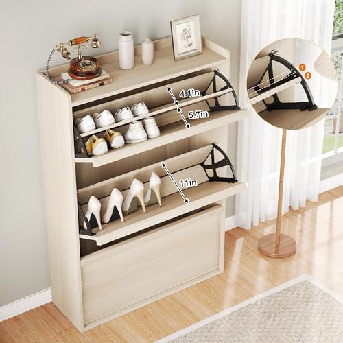 GarveeHome Shoe Cabinet with 3 Flip Drawers, Wooden Shoe Organizer with Adjustable Shelf, Shoe Storage for Entryway, Hidden Shoe Cabinet for Hallway, Living Room, Natural Oak