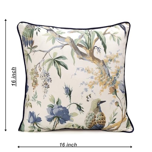 Image of Cotton Cushion Covers 16x16 Inch - Hand Block Floral Print Pillow Covers for Sofa, Couch & Bedroom (Pack of 5) (Blue & White)
