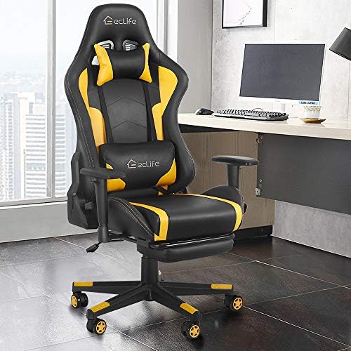 Gaming Chair Racing Footrest Therapeutic massage Laptop – Cushioned Consolation Excessive Again PU Leather-based USB Vibrator Ergonomic Recliner House Workplace Video Sport for Children for Reward for PS5 (Yellow, d04-mf)