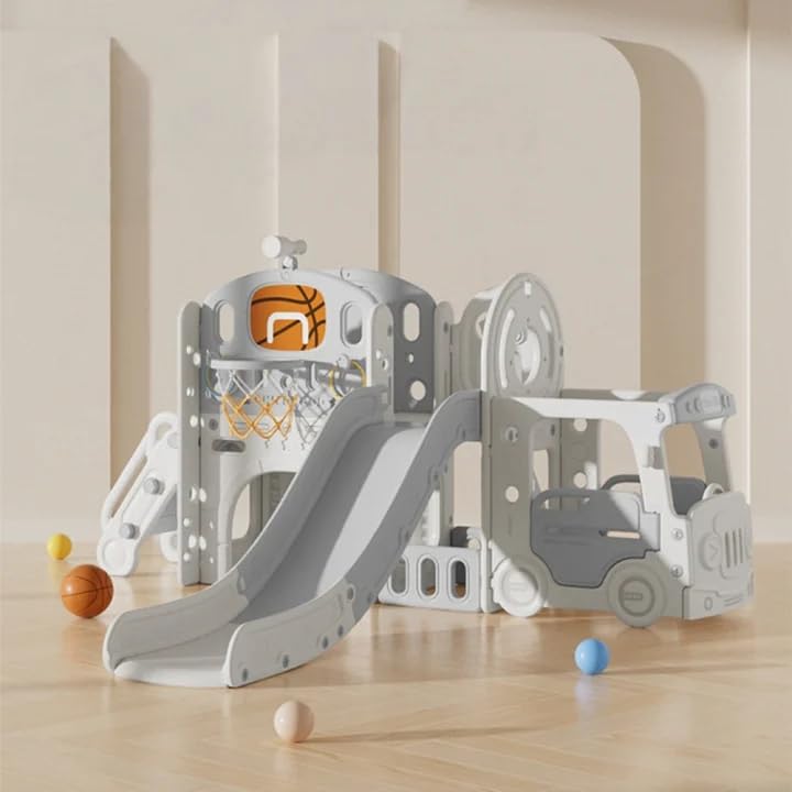 Castle Kids Slide, Toddler Large Slide Playground Outdoor Indoor, Garden Slide Climbing Frame with Storage Box, Basketball Hoop, Crawl Tunnel, Multi-function Slide for Toddlers age 1-3(Beige)