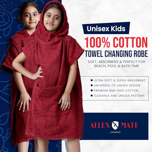 Image of ALLEN & MATE 100% Cotton Kids Hooded Surf Poncho Changing Robe, Quick Absorbent Wearable Swim Towel Boys & Girls, 6-13 Years