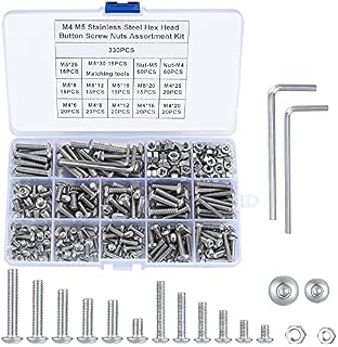 330Pcs M4 M5 Hex Socket Bolts and Nuts Set, 304 Stainless Steel Hex Button Head Cap Machine Screws Assortment Set Kit with 2 Allen Wrenches