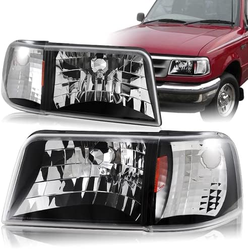 2-in-1 Design Amber Reflector Headlight 2 Pieces Compatible with 1993-1997 Ford Ranger STX XL XLT models, 1994 1995 1996 (Black Housing Clear Lens)