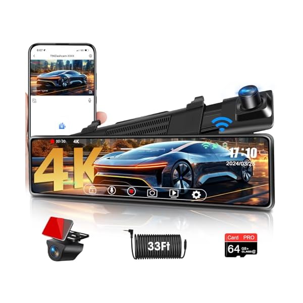 【WiFi 12″ 4K 】 Rear View Mirror Camera Mirror Dash Cam Included 64G Card Super Night Vision Loop Recording 24H Parking Assistance WDR & HDR Rear View Mirror Dash Cam Front and Rear for Car