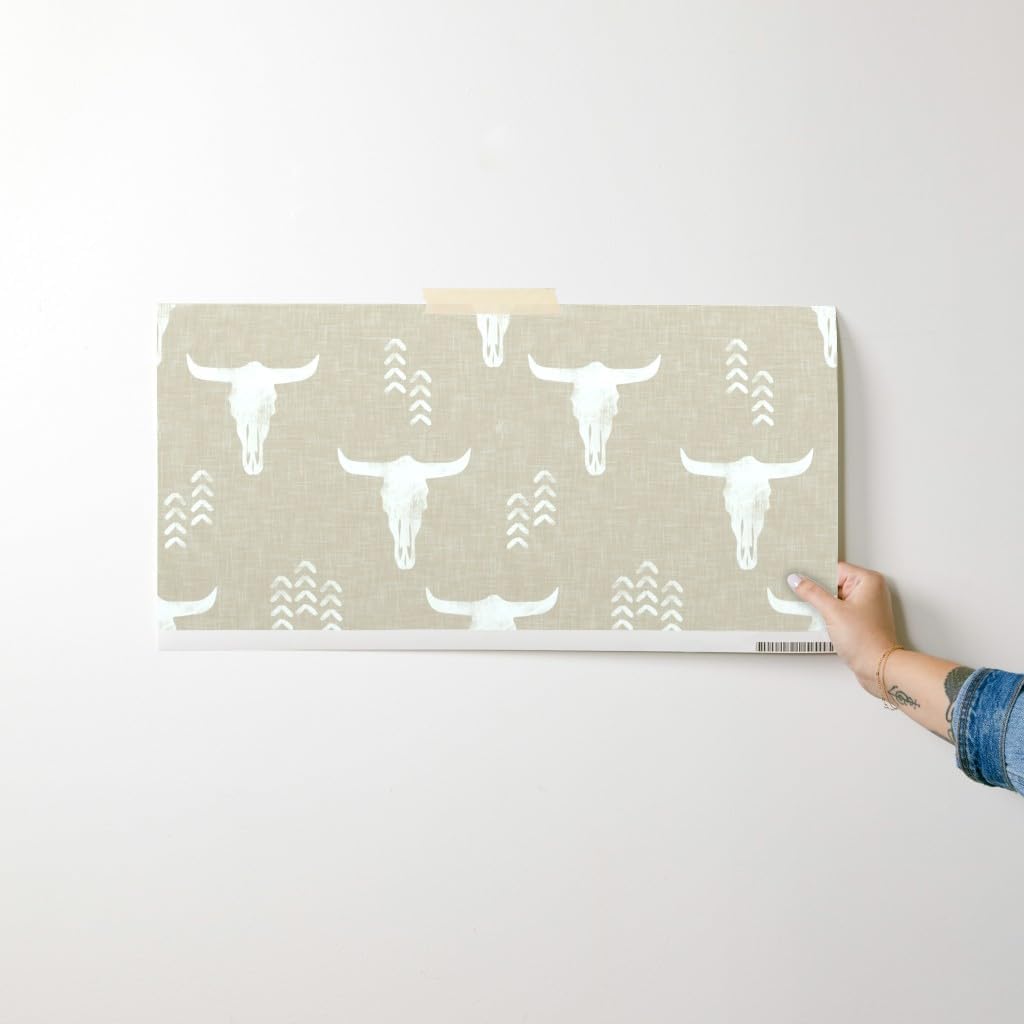 Peel & Stick Wallpaper Swatch - Southwestern Boho Cow Skull Neutral Bohemian Desert Sand Beige Cream Custom Removable Wallpaper by Spoonflower