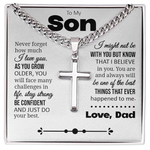 To My Son Gift, Cuban Chain with Cross Necklace, Sentimental Jewelry from Dad, Thoughtful Keepsake for Son, Inspirational Jewelry Message Card with Gift Box