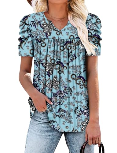 KISSMODA Tops for Womens Summer Cute Short Sleeve Shirts Trendy Notched Neck Blouses Casual Loose Pleated Tunics S-3Xl