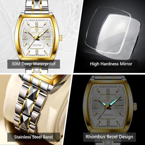 Image of BINBOND Square Watches for Women Analog Quartz Day Date Ladies Wrist Watch Diamond Stylish Stainless Steel Dress Womens Watch Elegant Luminous Waterproof