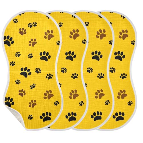 4 Pack Baby Burp Cloths, Soft Absorbent Burping Cloths for Babies, Cotton Milk Spit Up Rags, Large Size for Newborns, Baby Boys and Girls (Yellow Paw Prints)