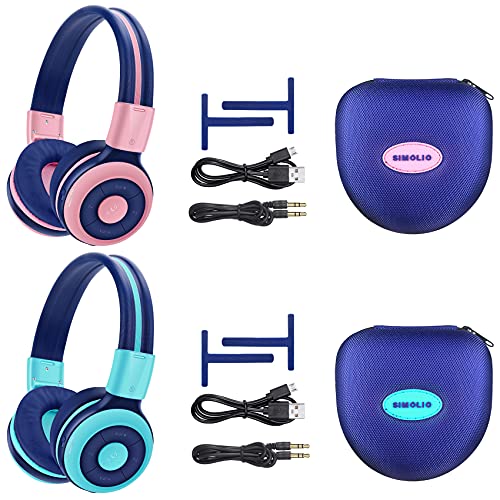 Super Big Clearance! 2 Pack of SIMOLIO Wireless Bluetooth Headphones for Kids with 75dB,85dB,94dB Volume Limit, Kids Headphone with Mic & Hard Case, Children Headphones with Share Jack for Girls Boys,Toddlers (Pink+Mint)