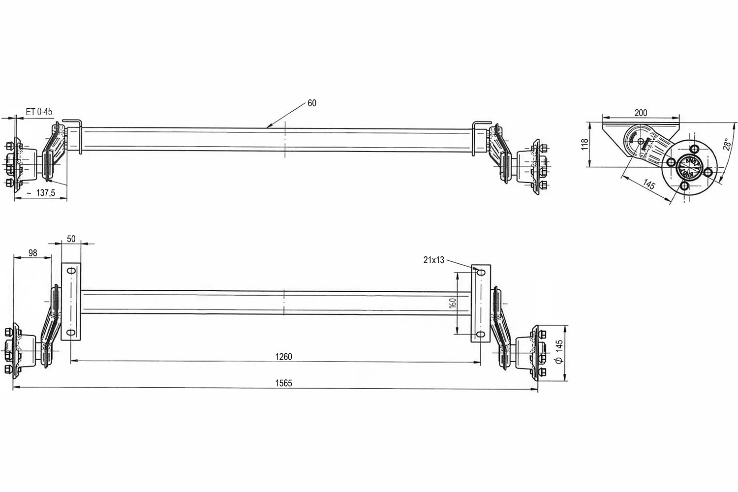 KnoTT - Eje no frenado para remolques VG7 - 750 kg, 1260 mm