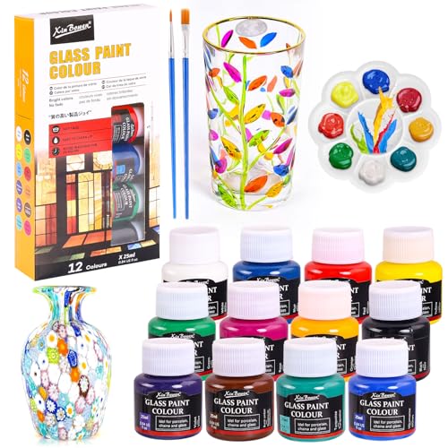 RICKMASK Juego de pintura de cerámica: juego de colores de porcelana, pintura de cerámica impermeable con 1 paleta de pintura y 2 pinceles finos – pintura de porcelana para tazas de cristal, cerámica