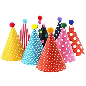 Vesil Party Hats for Kids Birthday Hats, DIY Mini Cone and Crown Set with Pom Poms, Small Paper Caps for Stuffed Animals, Pets or Toddler Decorations, Assorted Rainbow Colors