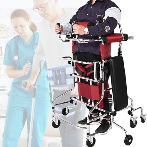 8輪歩行器スタンディングフレーム、ハンドブレーキとシートボード付き直立歩行器、10レベルの高さとレベル5の幅に調節可能、耐荷重220ポンド、59?71インチの人用、障害者用