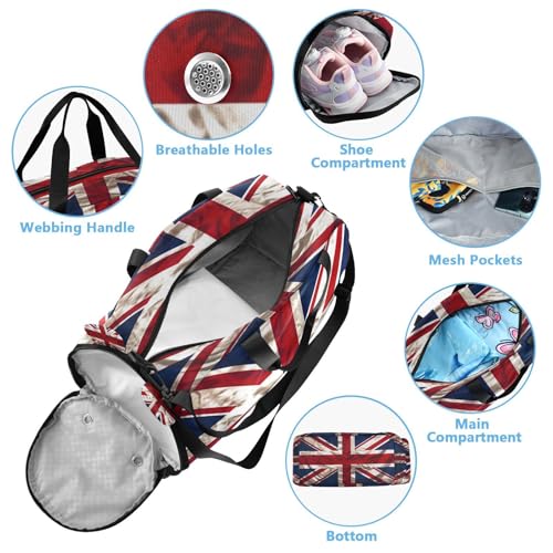 YETTASBIN Sport Travel Duffel Bag for Girls Boys, British Flag Large Waterproof Weekender Overnight Bag, Detachable Shoulder Strap Gym Bag with Shoe Compartment & Wet Pocket4