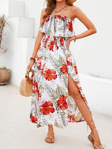 Image of Women's Ruffle Floral Maxi Summer Casual Dress Off Shoulder Wedding Guest Slit Hem Beach Prom Dresses