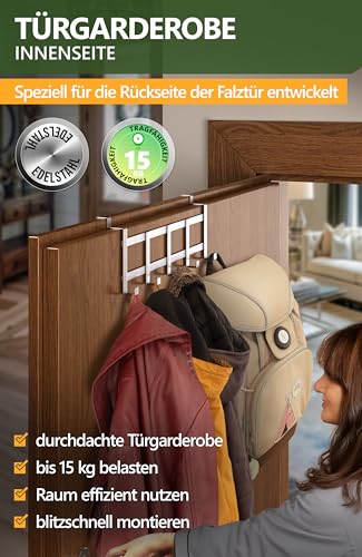 4smile Türgarderobe zum Einhängen, Edelstahl - Türgarderobe Innenseite mit 5 Türhaken zum Einhängen, hohe Tragkraft - Türhaken Innenseite, Türhakenleiste für die Rückseite der Tür