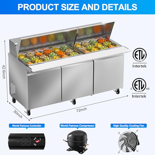 Image of Rockitch 72 inch W Commercial Sandwich Prep Table Refrigerator, 21.2 Cu.ft Stainless Steel Mega Top Sandwich Prep Table with 30 Pans, 3 Doors Salad Prep Station for Restaurant Food Prep, ETL Approved