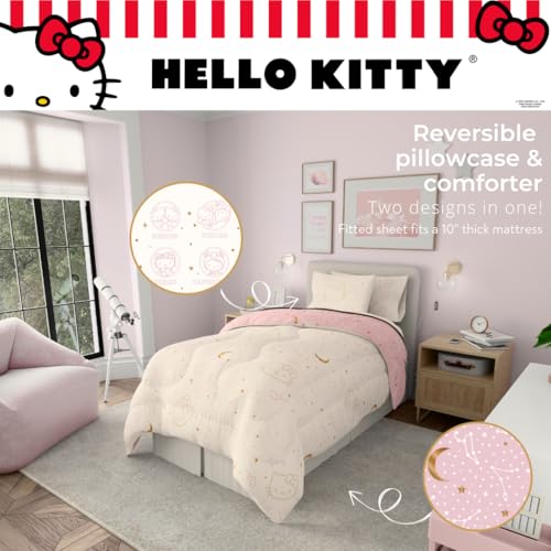 Image of Lux Hello Kitty Velvet Bedding 5 Piece Super Soft Cozy Reversible Comforter and Sheet Set with Sham & Tote Bag, Twin, (Officially Licensed Product) By Franco