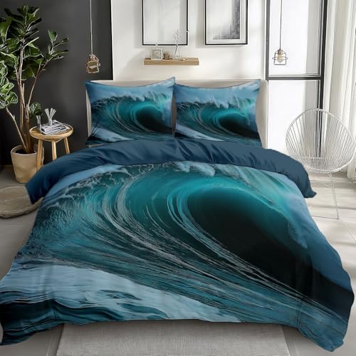Deep Sea Blue Duvet Cover Twin Size 2 Pieces Seascape Waves Blue, Bedding Room Decor Bedspread for Kids Teens, Comforter Quilt Cover Bedding Set with Pillow Sham