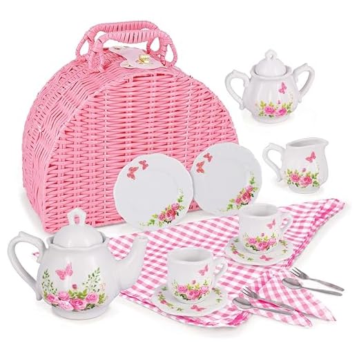 Jewelkeeper Porcelain Tea Set for Little Girls with Pink Picnic Basket, Floral Design, 18 Pieces